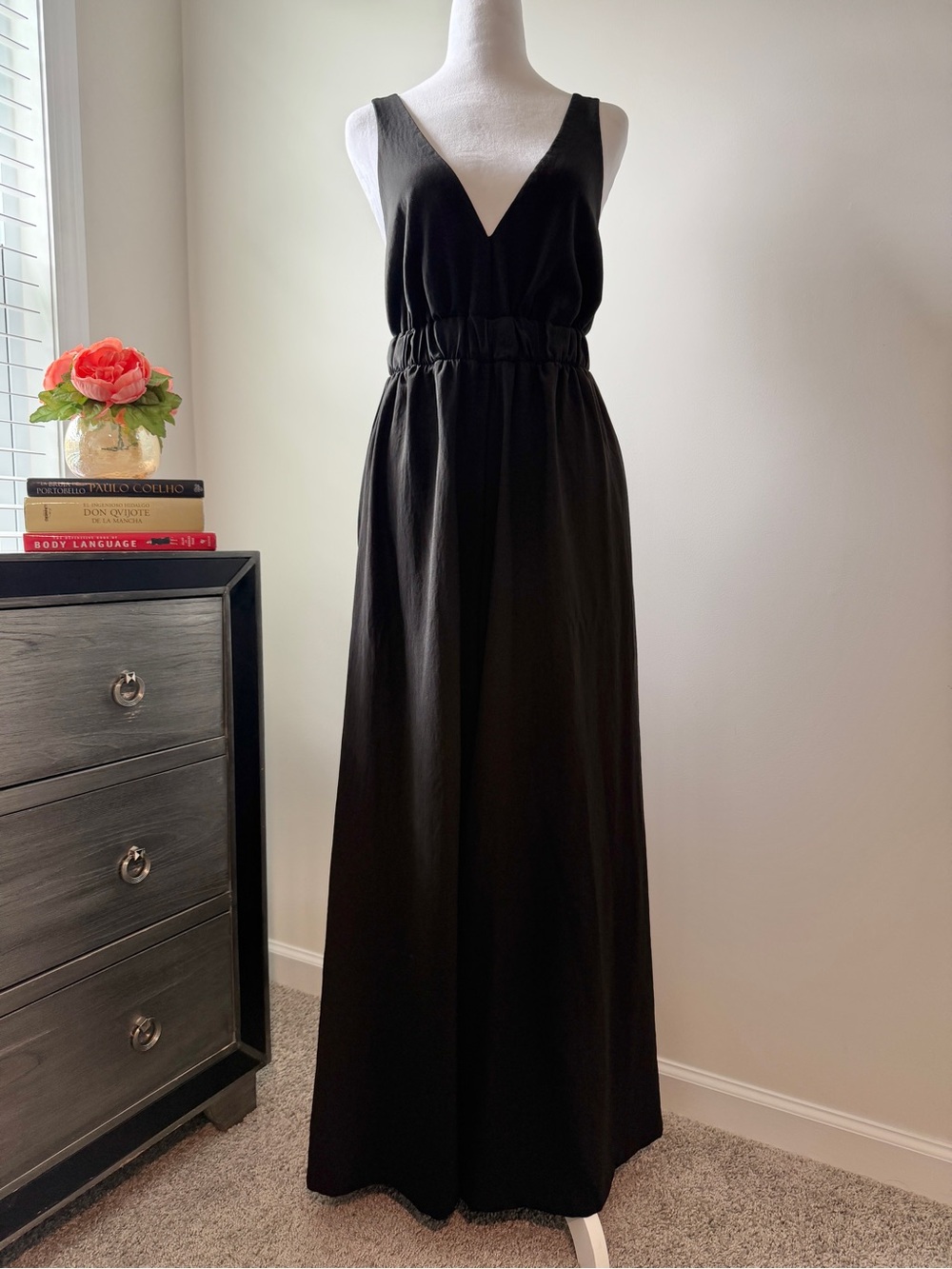 Like New Black V-Neck Maxi Jumpsuit Dress with Elastic Waist